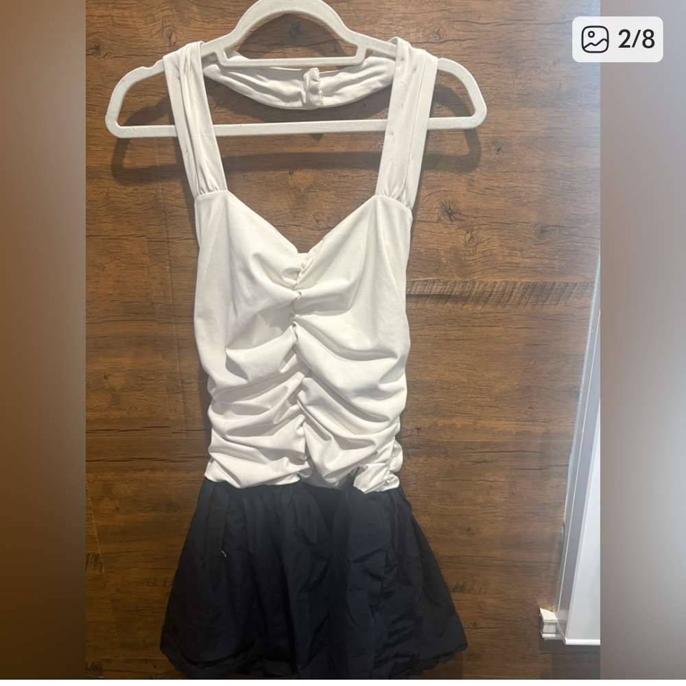 Maeve White Ruched Bodice Black Skirt Mini Dress